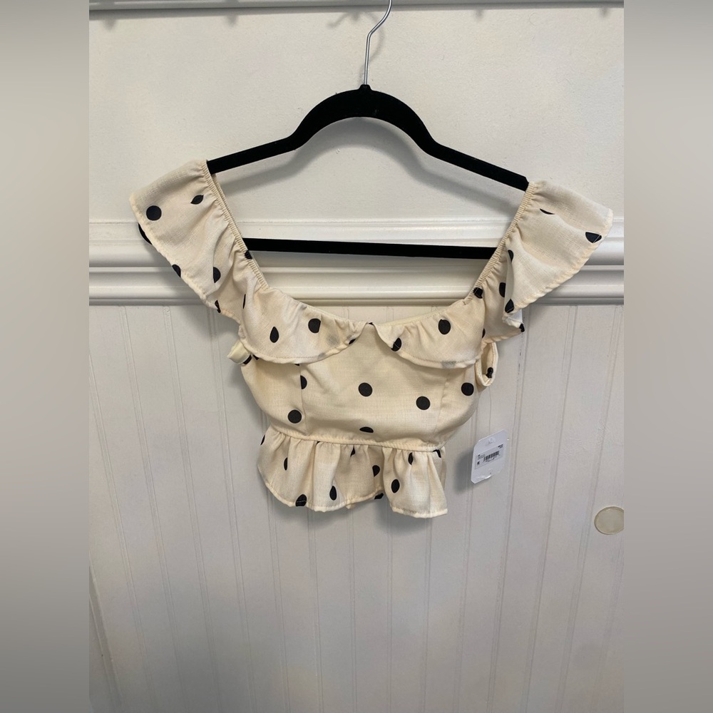 Altar'd State Cream Ruffle Blouse with Black Polka Dots